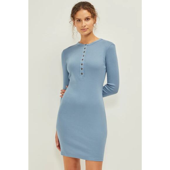 NWT Three Dots Long Sleeve Henley Washed Bodycon Mini Dress Bluestone Women's L - Picture 1 of 16
